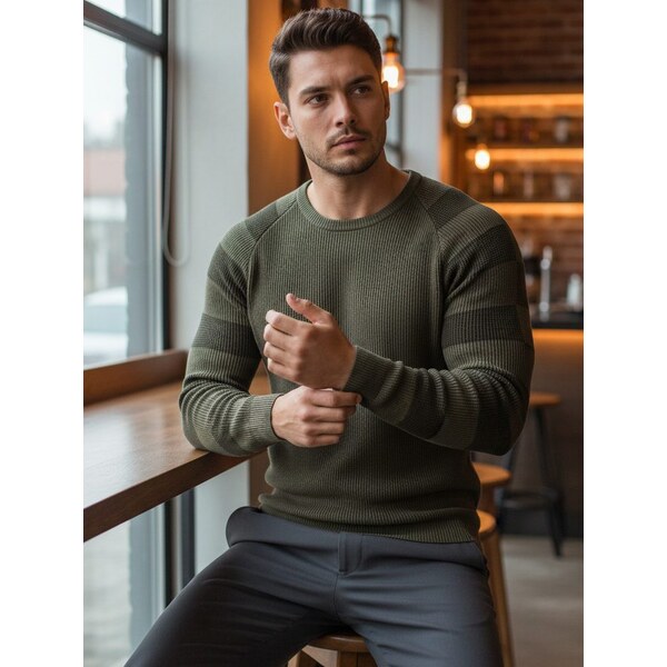 Dstreet Trendy sveter s ozdobnými rukávmi v olivovej farbe 63330804