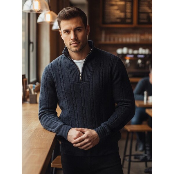 Dstreet Vzorovaný pánsky sveter so zipsom modrý 66939396