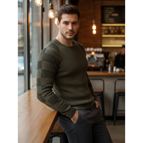 BASIC Khaki sveter s pruhmi na ramenách WX1637 20914200