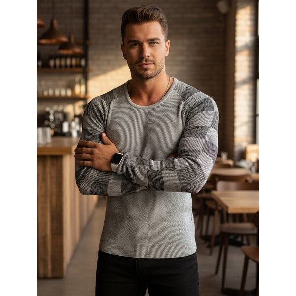 BASIC Šedý sveter s pruhmi na ramenách WX1636 20914564