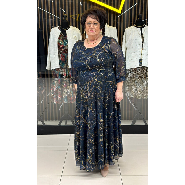 (veľ. 48 a 50) Dlhé šaty so zlatými špirálami tmavomodré 63884882