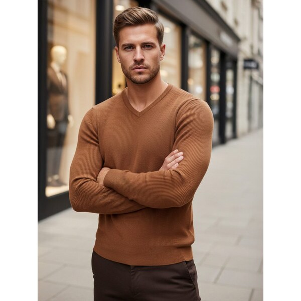 Dstreet Atraktívny pánsky sveter v kamelovej farbe 63332320