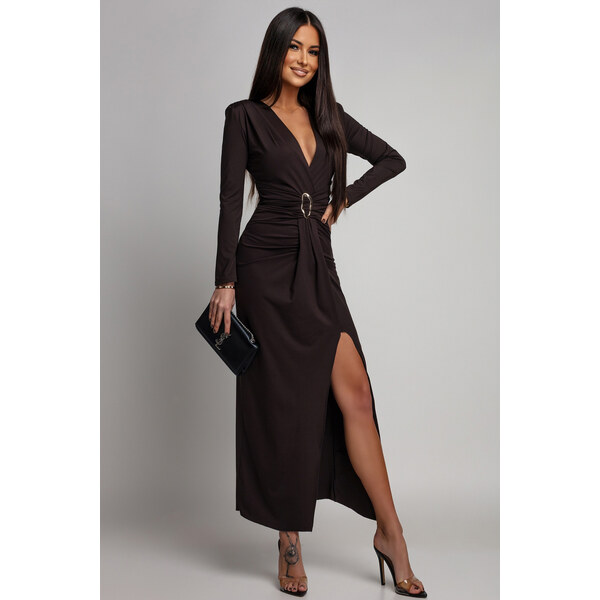 miadresses.sk Hnedé priliehavé šaty s hlbokým výstrihom 67108806