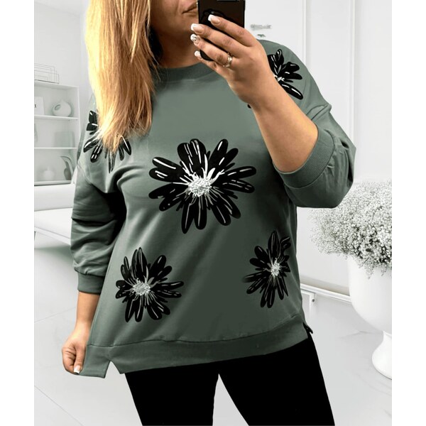 Mikina s tmavými kvetmi s leskom kaki zelená 67130543