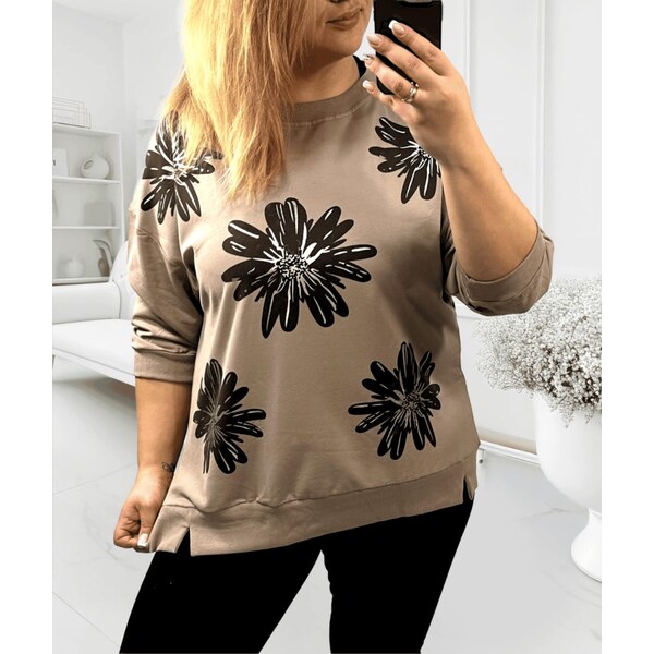 Mikina s tmavými kvetmi s leskom hnedobéžová 67130544