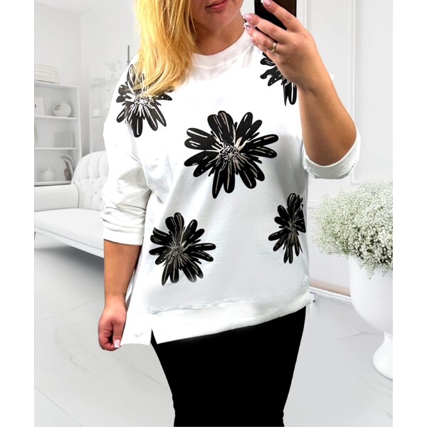 Mikina s tmavými kvetmi s leskom biela 67130428