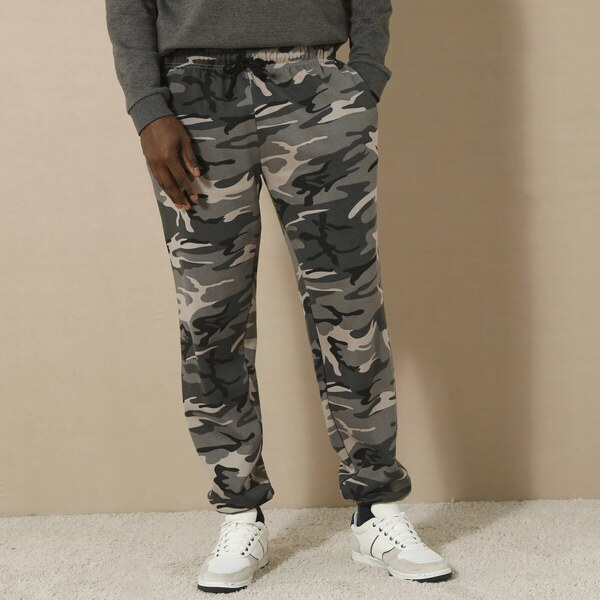 Nohavice z česaného moltonu s pružnými lemami sivý maskáčový vzor 038 56966747