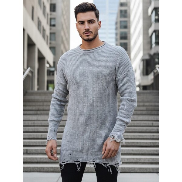 Buďchlap Štýlový predĺžený sveter vo svetlošedej farbe 36955415