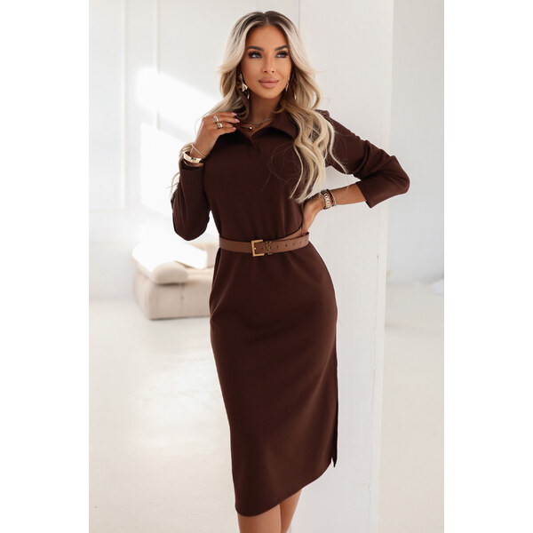 numoco basic 649-1 Elegantné midi šaty s golierom a bočným rozparkom - 67247453