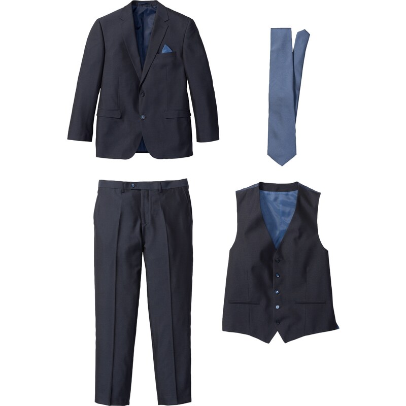 bonprix 4-dielny Oblek: sako, nohavice, vesta, kravata, farba modrá, rozm. 48