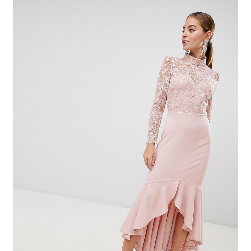 City Goddess Petite Long Sleeve High Neck Fishtail Maxi Dress With Lace Detail Pink GLAMI.sk