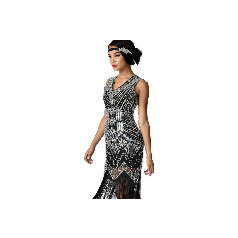 Art deco čierne spoločenské šaty Veľký Gatsby AMH007390