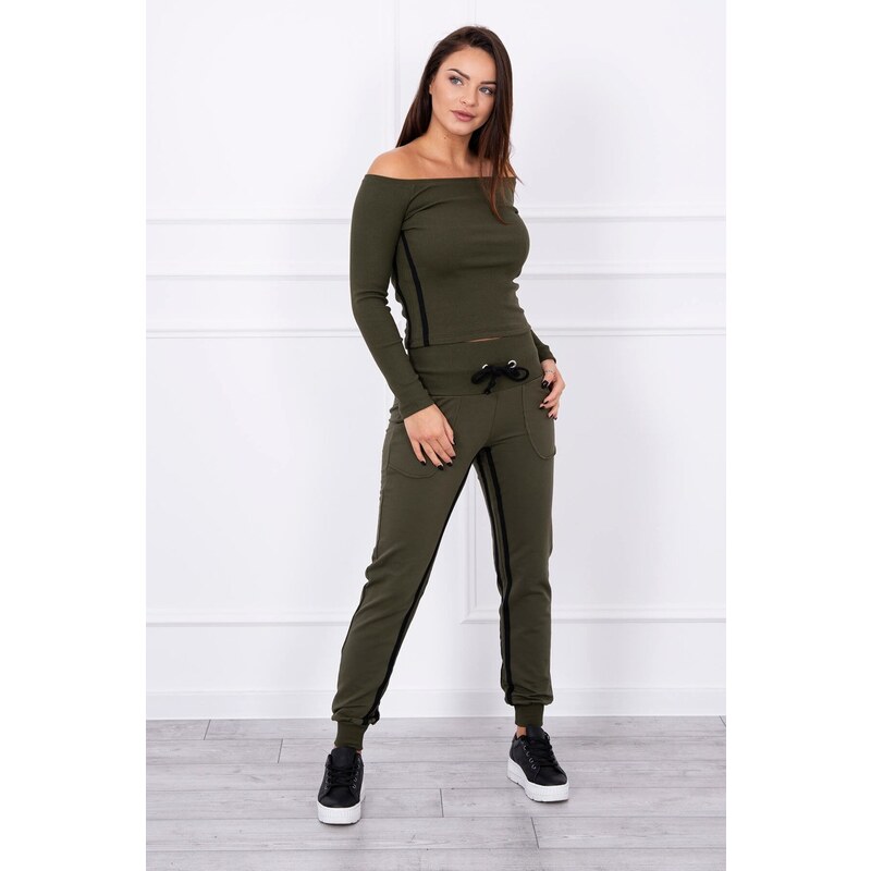 MladaModa Súprava s topom a dvomi prúžkami na boku khaki 8554355