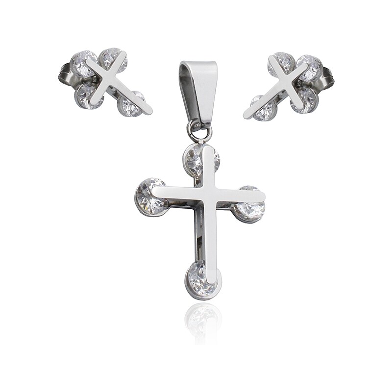BM Jewellery Dámsky set prívesok a náušnice krížik z chirurgickej 10400212