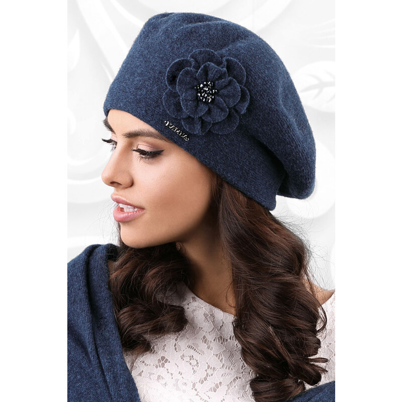 Kamea Svetlo tmavomodrá luxusná elegantná dámska baretka na zimu s 8255000