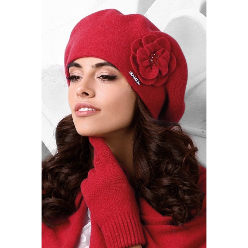 Kamea Červená luxusná elegantná dámska baretka na zimu s kvetom Vicenza, Farba červená