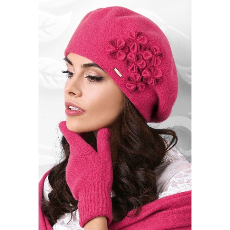 Kamea Malinová luxusná elegantná dámska zimná baretka s kvietkami Gorycja, Farba malinová