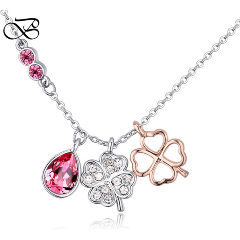 GLORY Náhrdelník Lucky clovers Swarovski elements ružová 155 8373494