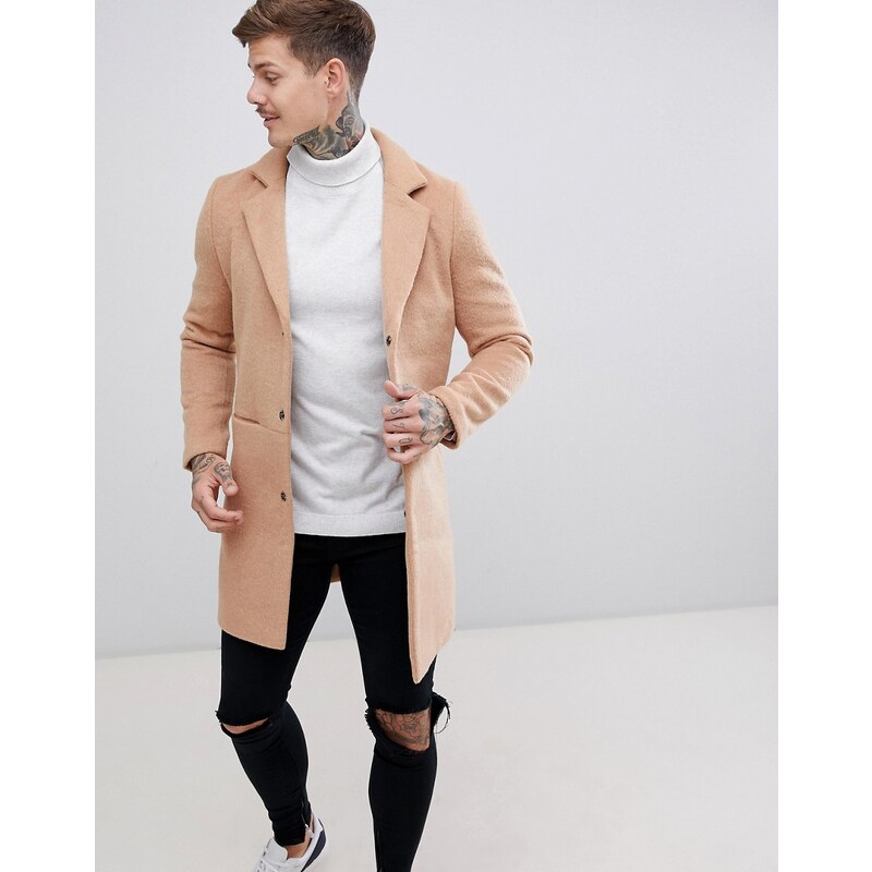 Boohooman overcoat in clearance camel