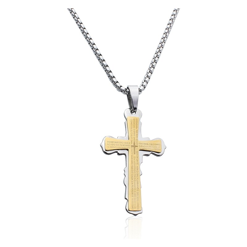 BM Jewellery Náhrdelník krížik s nápismi gold z chirurgickej ocele 10400217