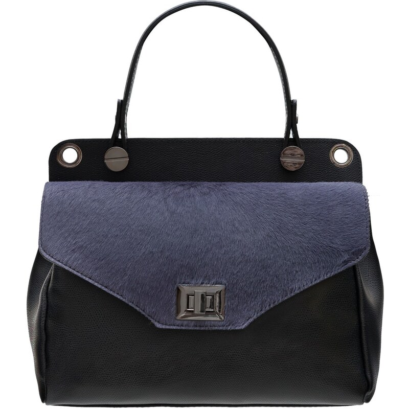 Glamorous by GLAM Dámska čierna kožená kabelka so srsťou malá modro 7126993