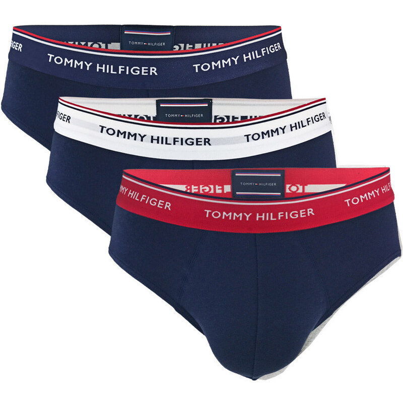 TOMMY HILFIGER - 3PACK Premium essentials modré slipy s farebným pásom