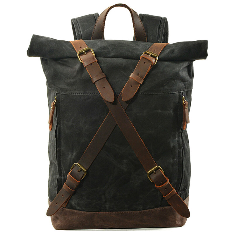 Glara Plátený retro batoh s koženými páskami 57937825