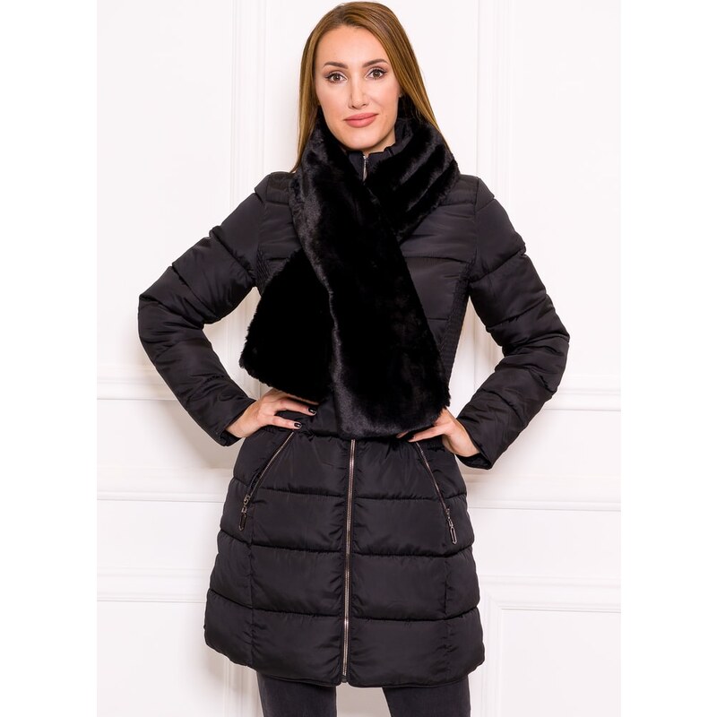 Due Linee Dámska čierna vypasovaná bunda s kožušinovým šálom 46595834