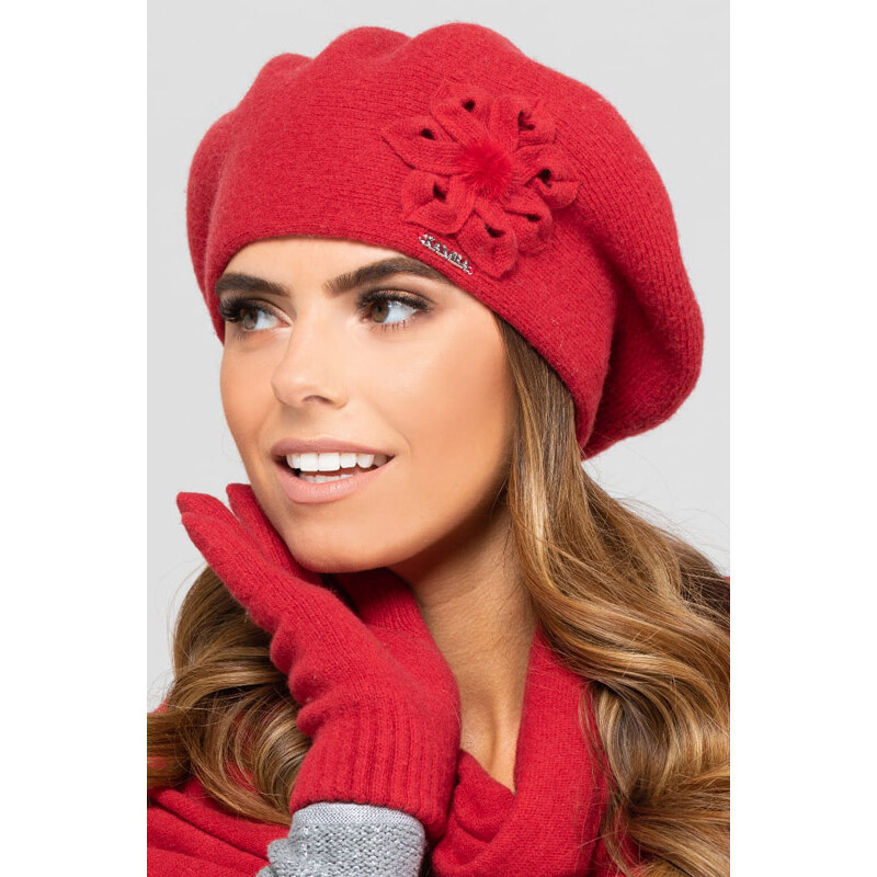 Kamea Červená luxusná dámska baretka s kvetom Sevilla, Farba červená 15123490