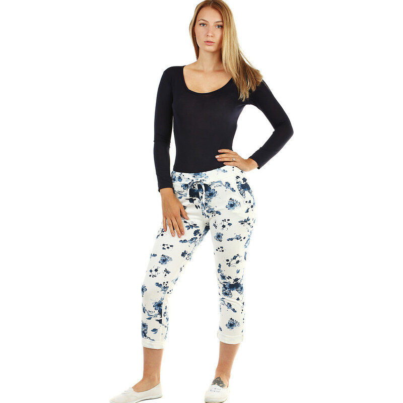 Glara Biele tepláky v 7/8 dĺžke s modrotlačou 36988196