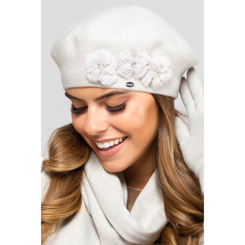 Kamea Béžová dámska elegantná baretka na zimu so štýlovými kvetmi 15218019