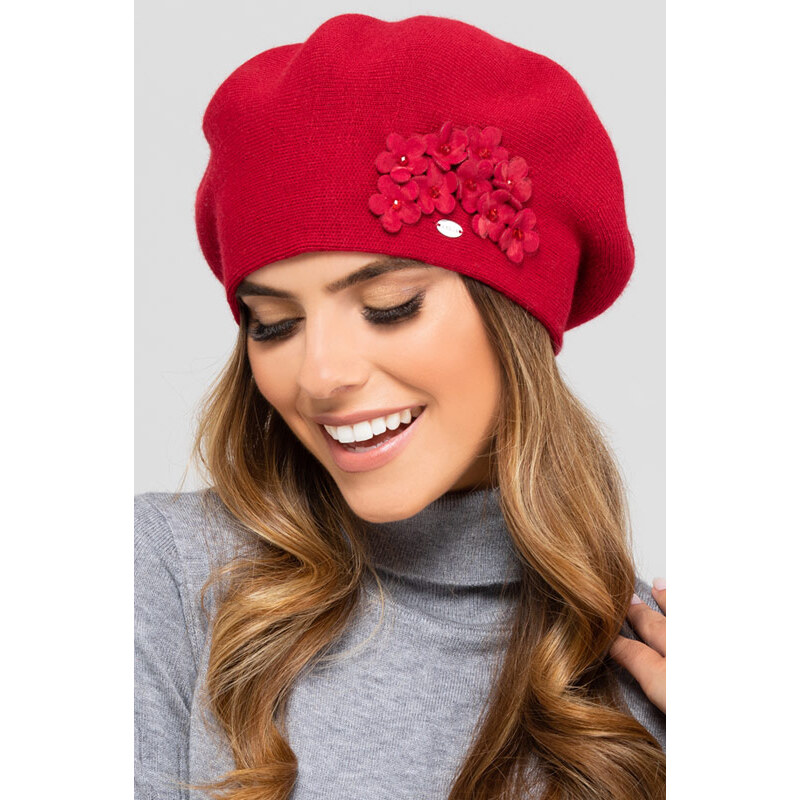 Kamea Červená dámska baretka s kvietkami Arizona, Farba červená 15218081