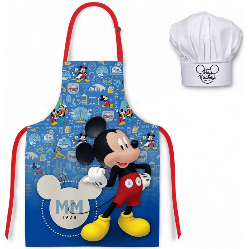 EUROSWAN Detská / chlapčenská zástera s kuchárskou čiapkou Mickey Mouse - Disney Junior - Clubhouse - pre deti 3 - 8 rokov