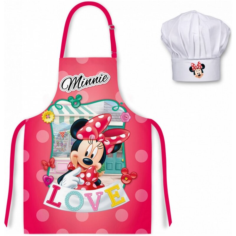 EUROSWAN Detská / dievčenská zástera s kuchárskou čiapkou Minnie Mouse - Disney - motív LOVE - pre deti 3 - 8 rokov