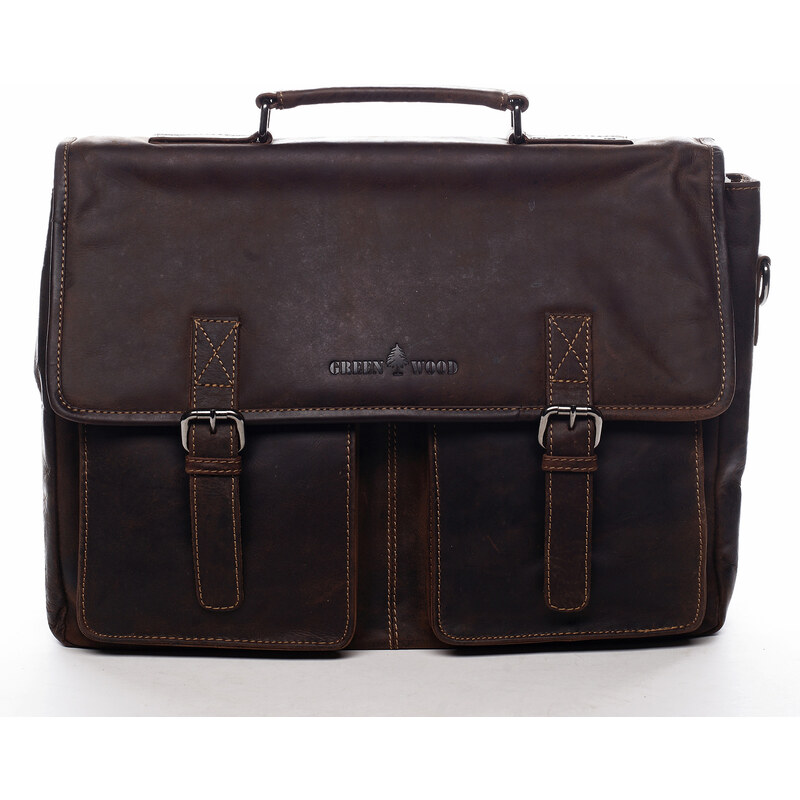 Veľká pracovná pánska kožená taška Enzo Green Wood hnedá 64830758