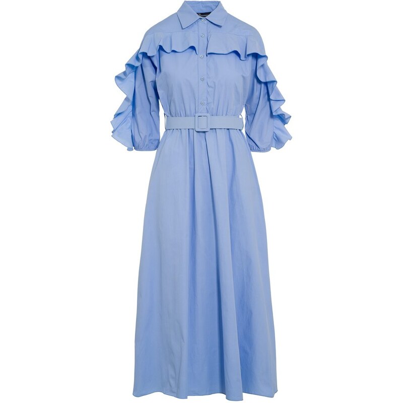 Glamorous by Glam Dámske dlhé košeľové šaty s volánmi - svetlomodré