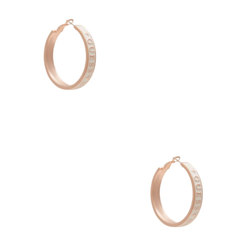 GUESS náušnice Rose Gold-Tone White Enamel Logo Hoop Earrings, 12872