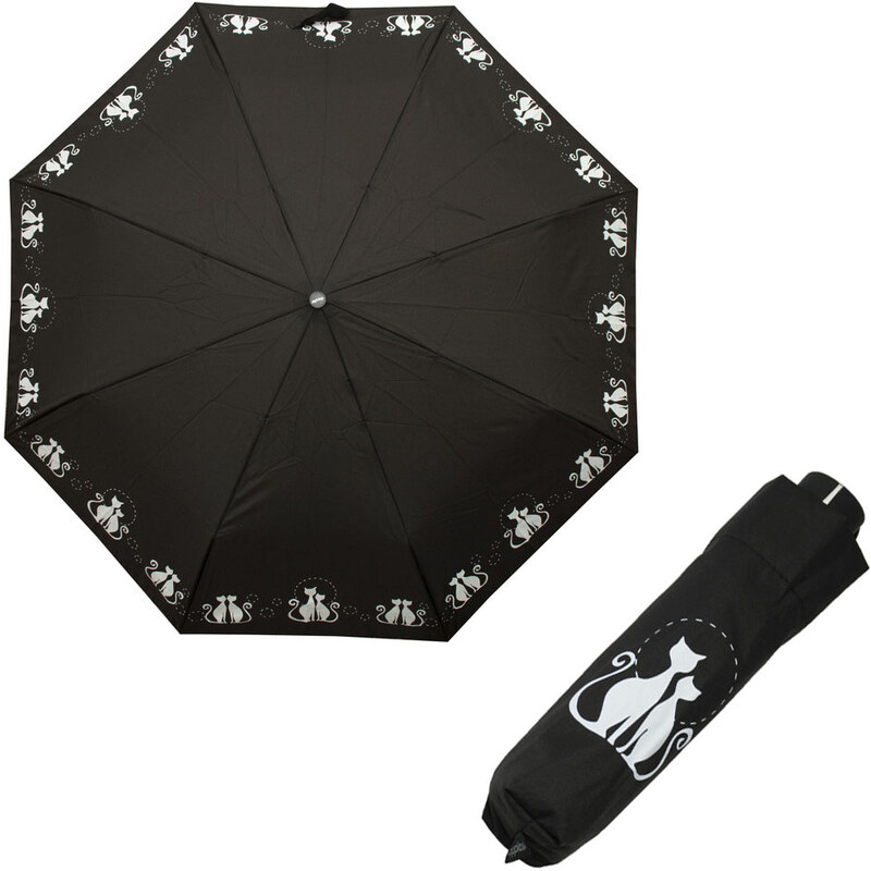 Doppler Mini Fiber DREAMING CATS čierny - dámsky skladací mechanický dáždnik