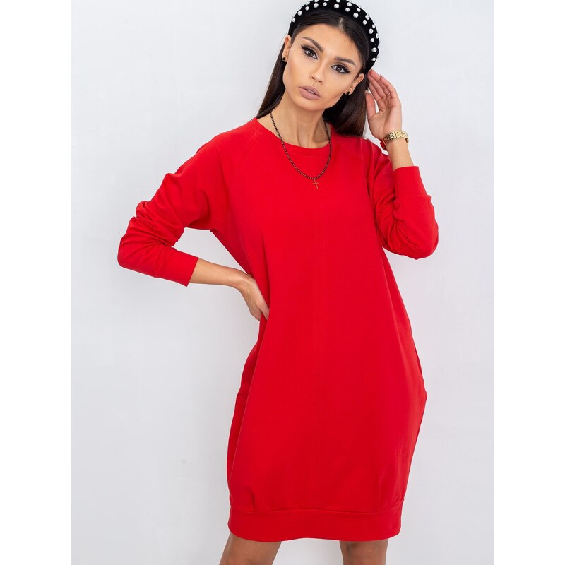 Basic Bavlnené červené mikinové šaty s dlhým rukávom