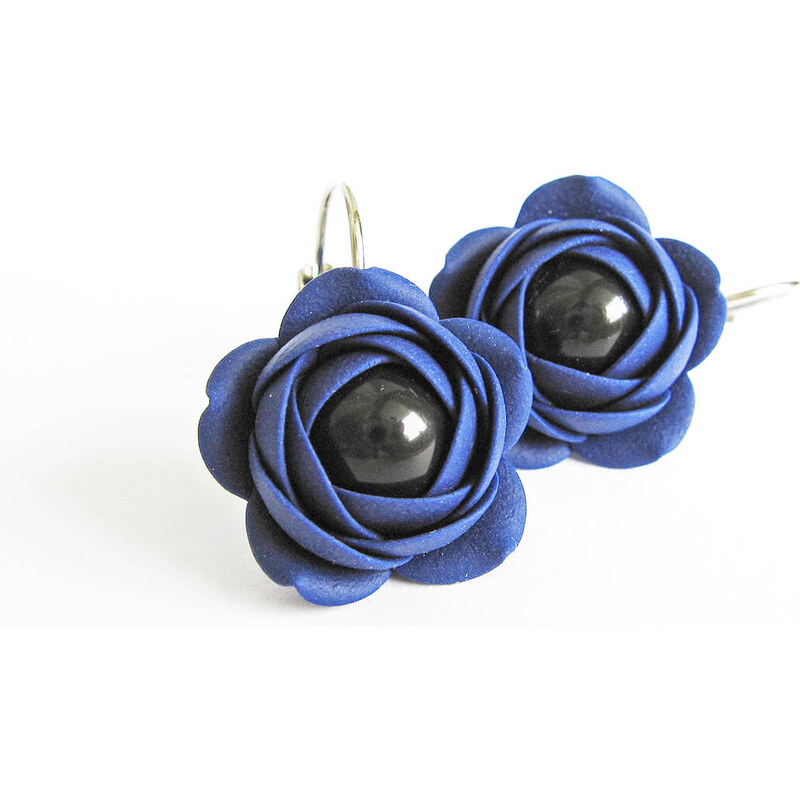 Troli Modré visiace náušnice s čiernou perličkou Estrela kytičky 66596046