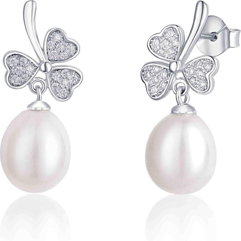 JwL Luxury Pearls Trojlístkové strieborné náušnice s perlou a zirkónmi 66591597