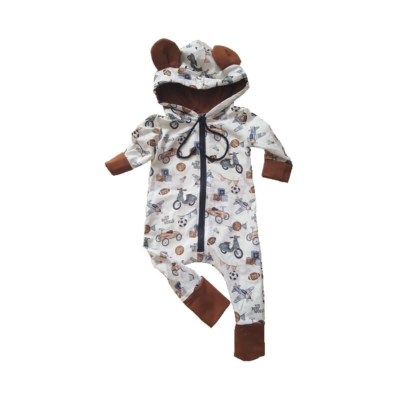 ZuMa Style Overal pre bábätká chlapčenský s kapucňou a uškami - 98, Karamel