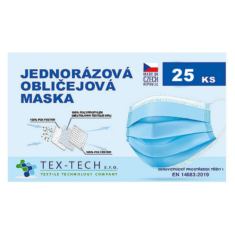 TEX-TECH Jednorazové zdravotnícke rúško českej výroby 25ks modrá 19073944