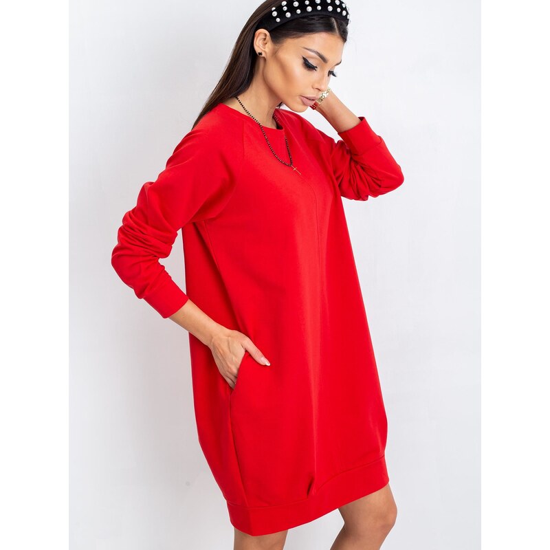 Basic Bavlnené červené mikinové šaty s dlhým rukávom