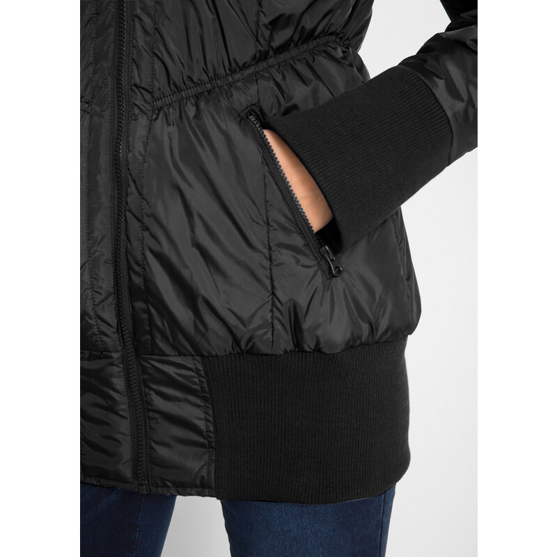 bonprix Prešívaná bunda s pohodlným pásom a kapucňou, farba čierna