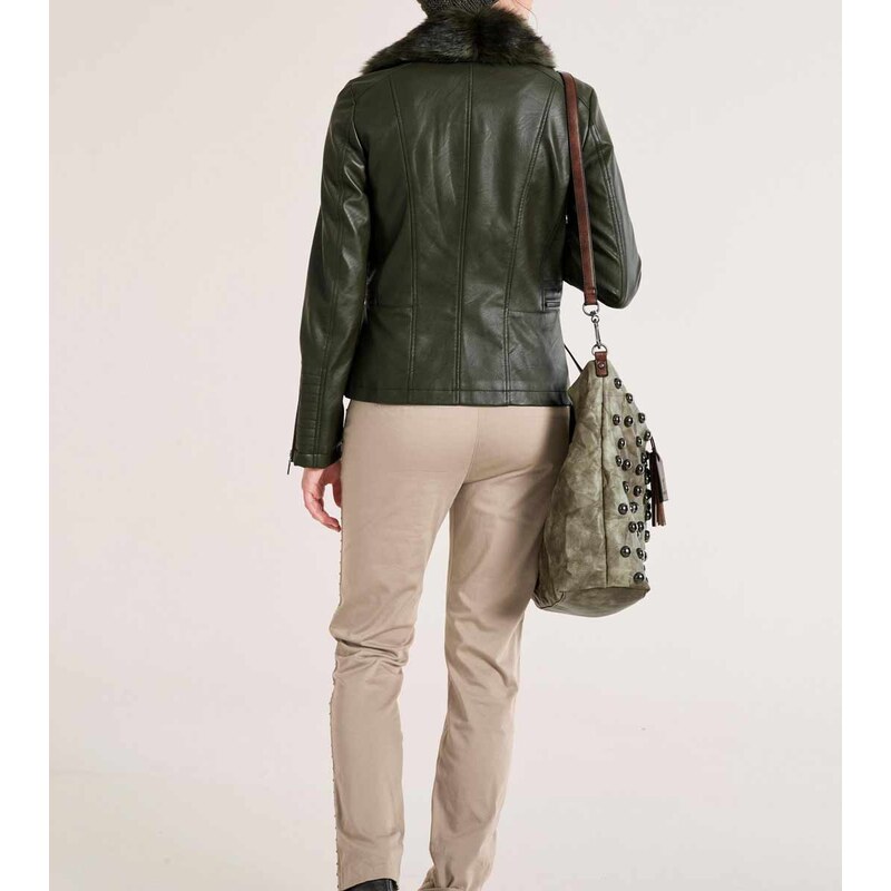 Heine Dámska bunda z imitácie kože s kožušinovým golierom, olivová