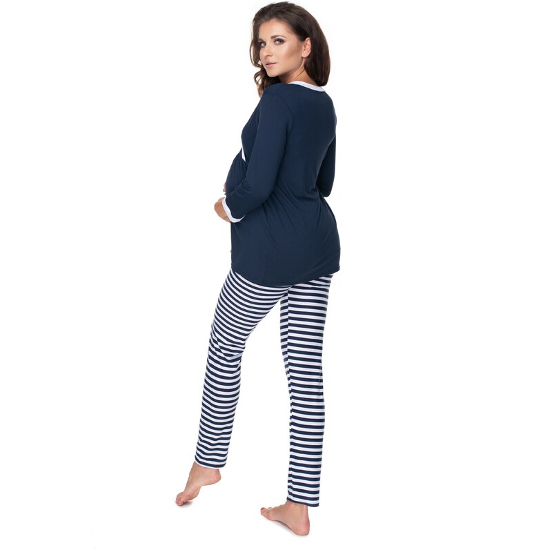 MladaModa Tehotenské pyžamo s pruhovanými nohavicami model 0150 farba námornícka modrá+biela