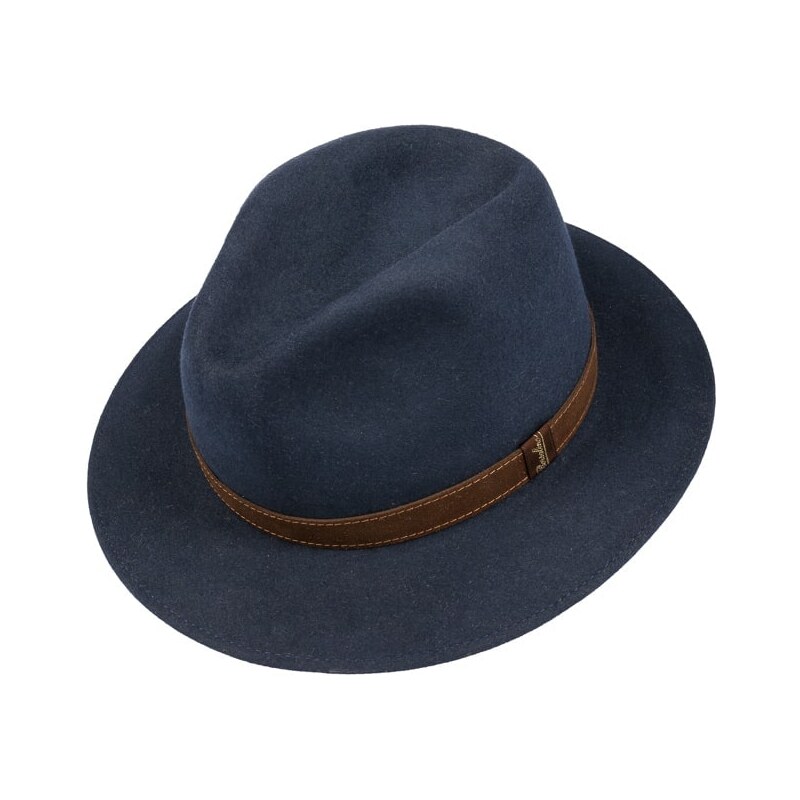 Unisex modrý klobúk Borsalino s hnedým koženým pásikom
