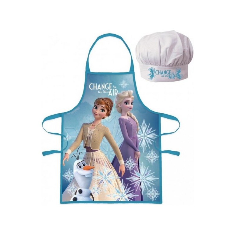 Javoli Detská / dievčenské zástera a kuchárska čiapka Ľadové Kráľovstvo - Frozen / Elsa a Anna - modrá
