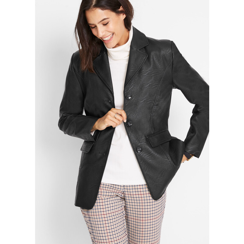 bonprix Dlhý koženkový blejzer, farba čierna 44789630